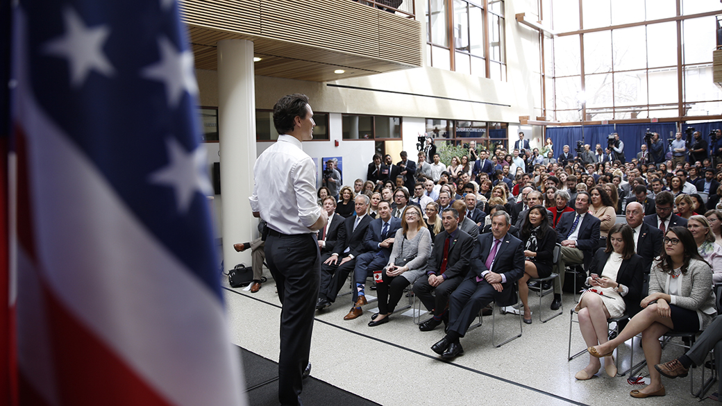 Prime Minister Trudeau answers questions from students at American University in Washington, D.C.