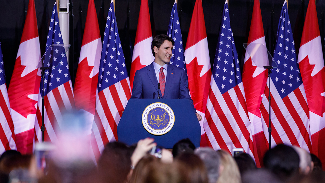 Prime Minister Justin Trudeau delivers a speech at the Ronald Reagan Presidential Library.
