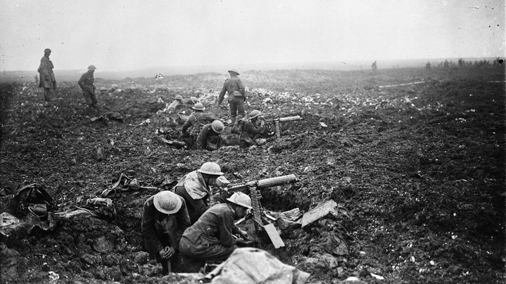 Canadian machine gunners dig themselves in, in shell holes on Vimy Ridge. April, 1917
