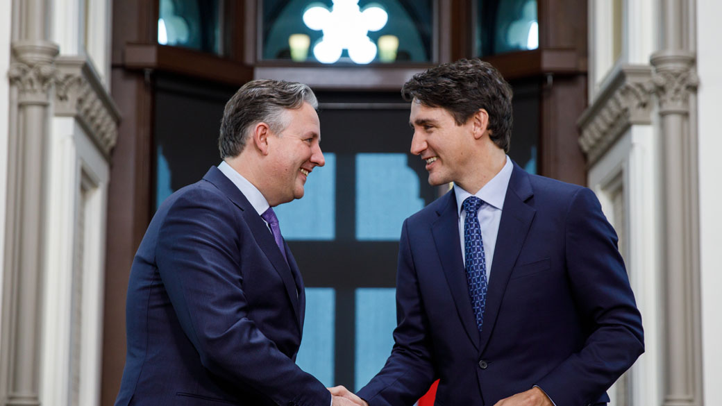 Prime Minister Justin Trudeau shakes hands with Vancouver Mayor Kennedy Stewart