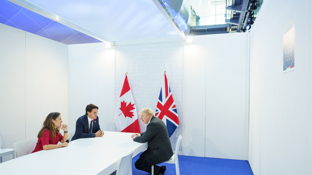 Prime Minister Justin Trudeau, along with Deputy Prime Minister and Minister of Finance Chrystia Freeland, meet with Prime Minister of the United Kingdom, Boris Johnson, in Italy