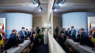 Prime Minister Trudeau speaks during a discussion with the G7 Leaders.