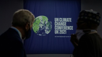 Vue d’une bannière de la Conférence de l’ONU sur les changements climatiques